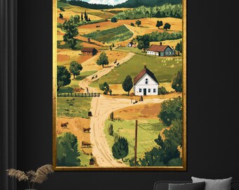 Countryside Farm Canvas Painting Rustic Landscape Wall Art for Living Room Country Home Gift Decor