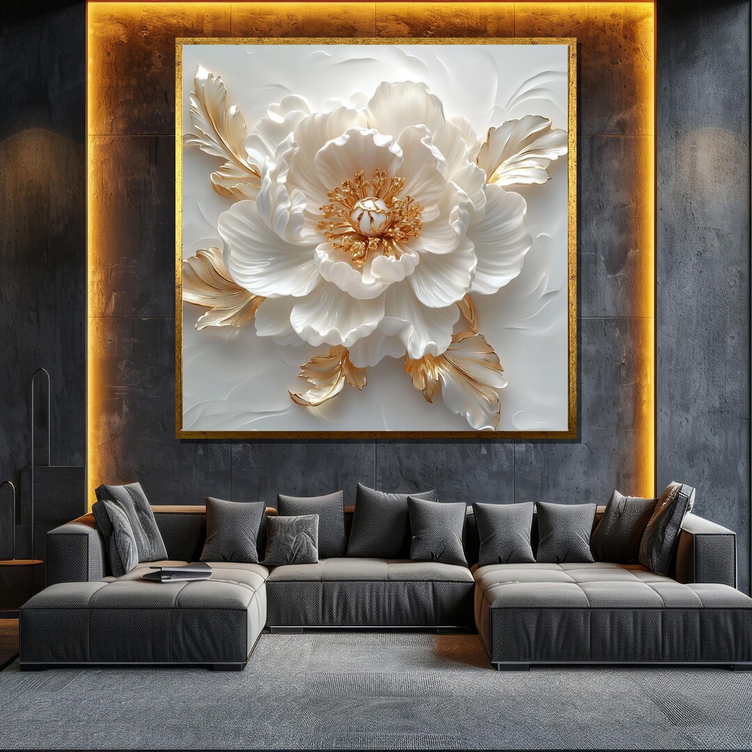 Luxury White and Gold Floral Canvas Painting Wall Art for Living Room ...