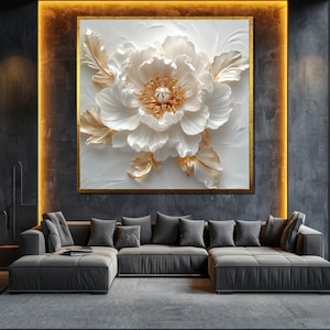 Luxury White and Gold Floral Canvas Painting  Wall Art for Living Room Elegant Modern Decor Gift