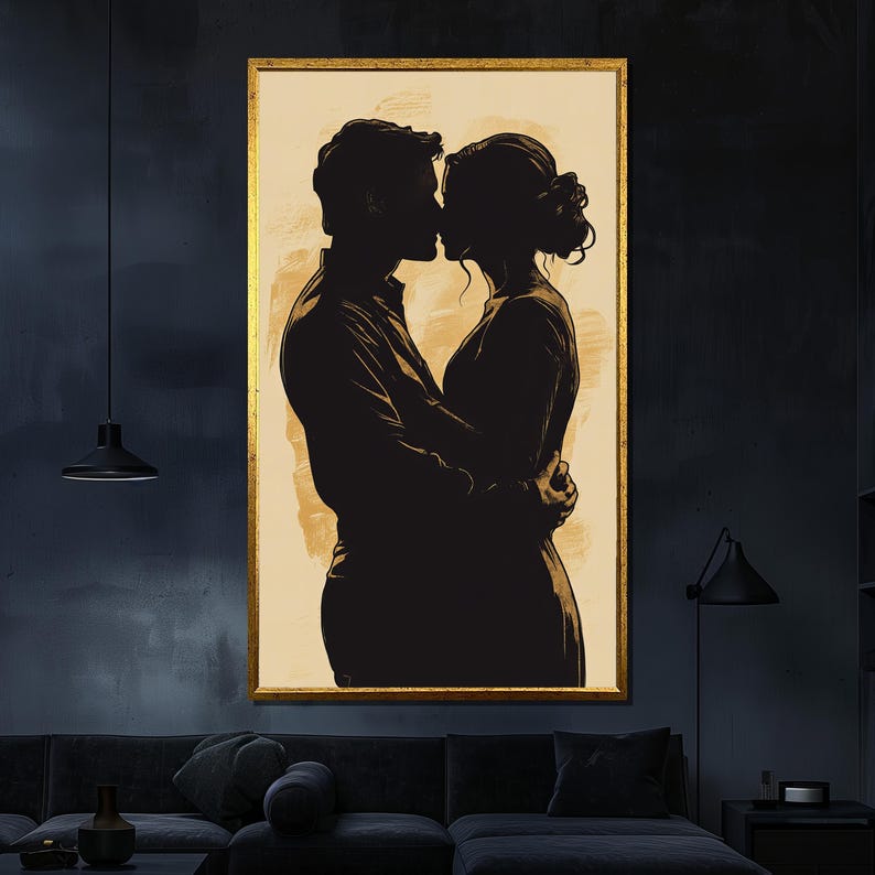 Silhouette Couple Embrace Canvas Painting Romantic Wall Art Modern Minimalist Home Decor Anniversary Gift image 1