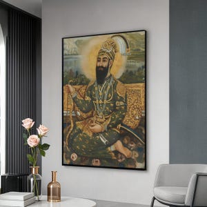 Regal Sikh Warrior Portrait Canvas, Traditional Indian Royalty Art, Historical Wall Decor, Intricate Costume Painting, Cultural Heritage image 1