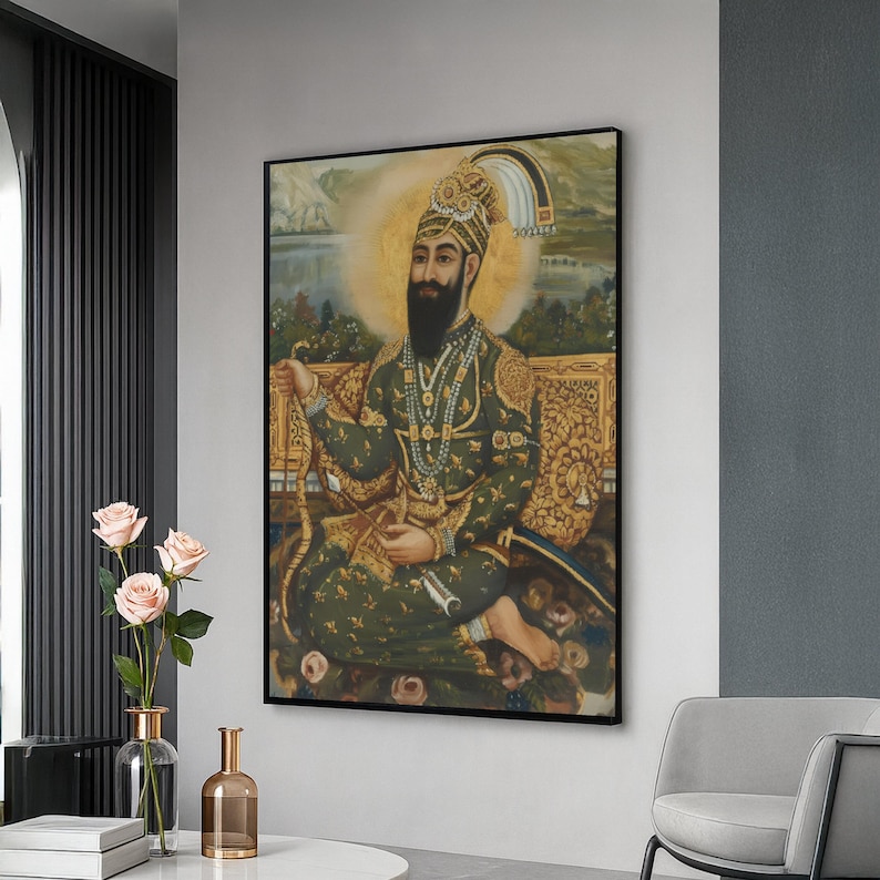 Regal Sikh Warrior Portrait Canvas, Traditional Indian Royalty Art, Historical Wall Decor, Intricate Costume Painting, Cultural Heritage image 1