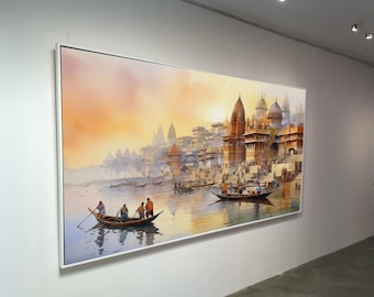 Varanasi Ghats Morning Scene Canvas, Indian Riverboat Wall Art, Spiritual Landscape Painting, Hindu Temple Decor, Ganges Waterfront Canvas