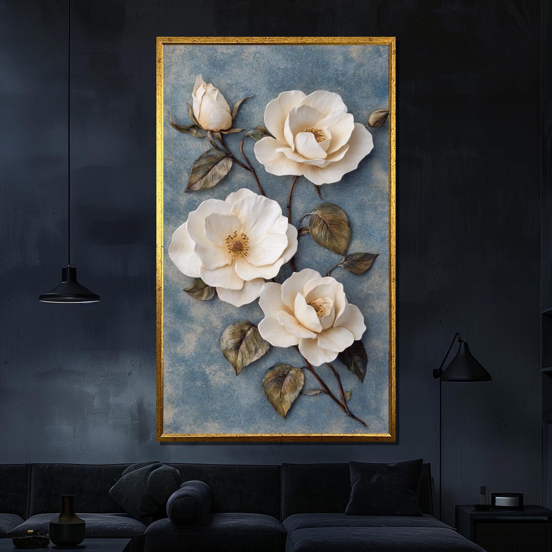 White Floral Canvas Painting - Elegant Wall Art for Living Room Decor ...