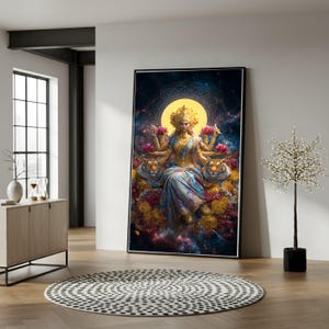 Arte mural en lienzo de la divina diosa hindú Lakshmi, deidad de múltiples brazos con flores de loto y tigres, decoración espiritual para el hogar, mística y cósmica.