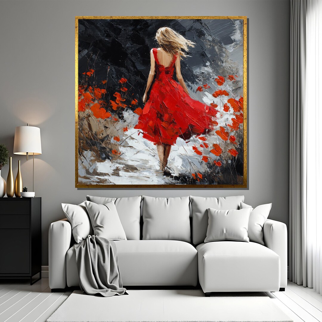 Woman in Red Dress Canvas Painting, Bold Impressionist Floral Wall Art ...