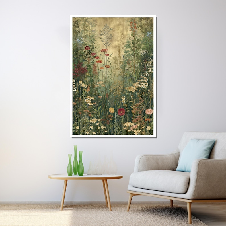 May include: A framed botanical print featuring a vibrant meadow scene. The artwork showcases a variety of wildflowers in shades of red, yellow, and white, set against a backdrop of green foliage and a golden-toned sky. The print is displayed on a white wall.