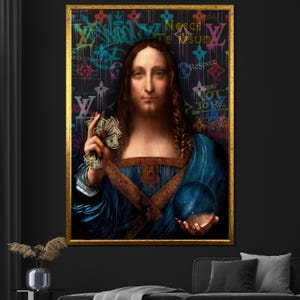 Modern Graffiti Style Salvator Mundi Canvas Painting, Unique Wall Art for Contemporary Home Decor, Artistic Gift Idea