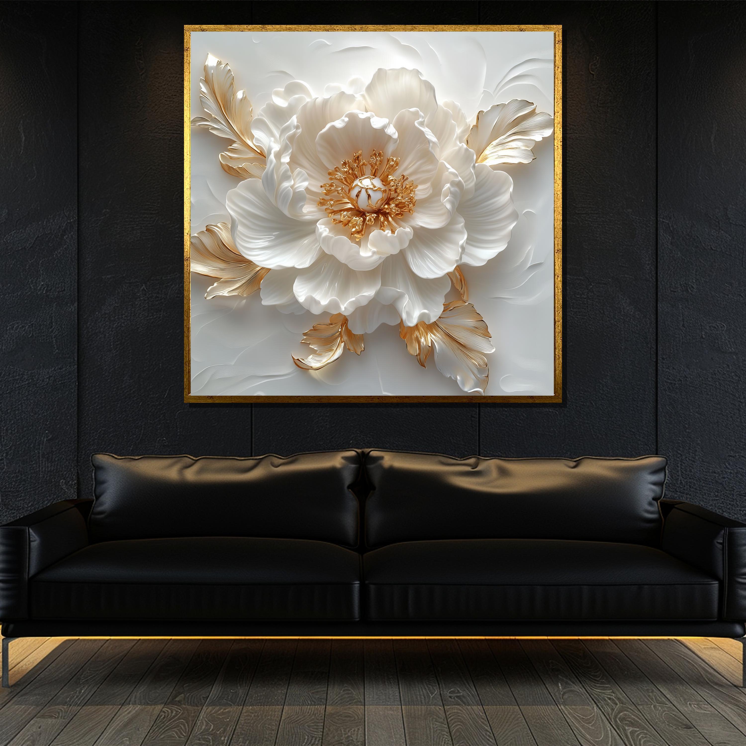 Luxury White and Gold Floral Canvas Painting Wall Art for Living Room ...