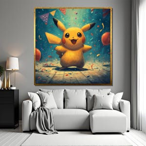 Pikachu Party Poster Print for Kids Room Wall Art, Colorful Cartoon Nursery Decor