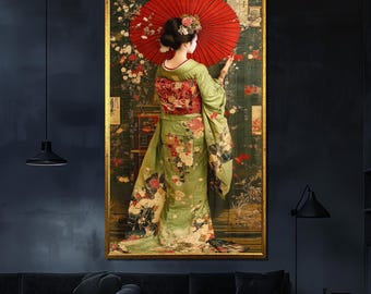 Japanese Geisha Canvas Painting Traditional Kimono Art Elegant Wall Decor Unique Gift for Living Room