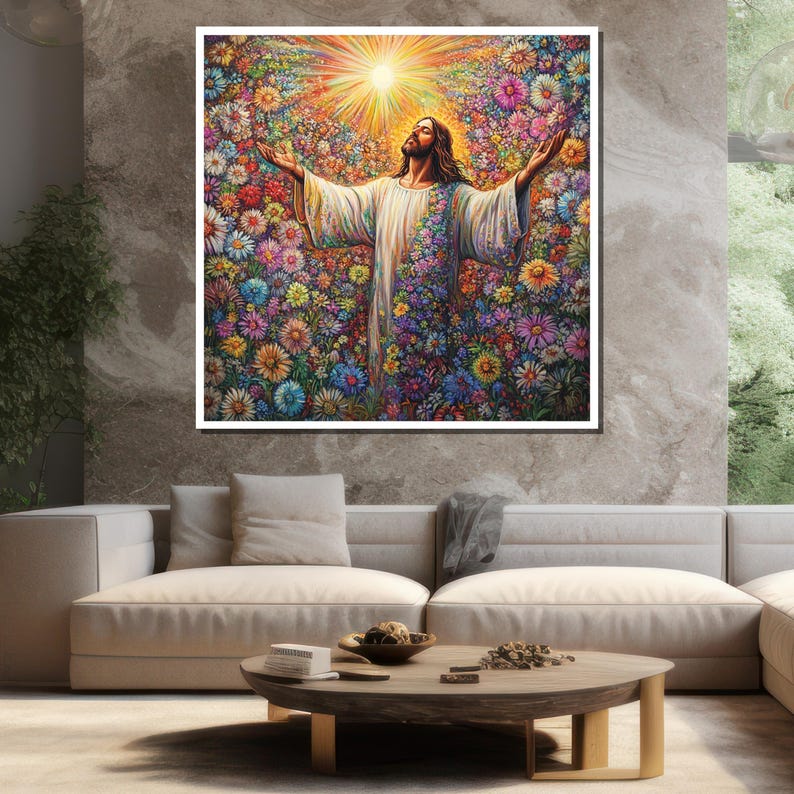 Jesus Christ Canvas Painting Floral Wall Art Colorful Faith Home Decor ...