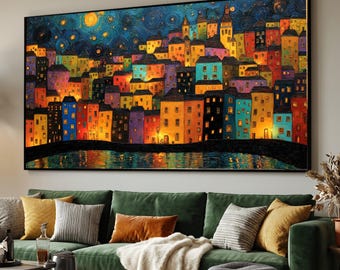 Vibrant Night Cityscape Canvas, Colorful Urban Buildings, Starry Sky Reflection Wall Art, Decorative Home Canvas, Nighttime City Scene