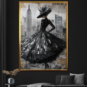 Elegant Woman in City Canvas Painting Modern Fashion Wall Art Large Wall Decor Unique Gift for Art and Style Lovers