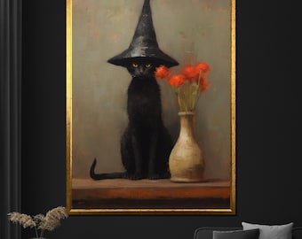 黒猫魔女のアクリル画：気まぐれなハロウィンアート（16x20インチ