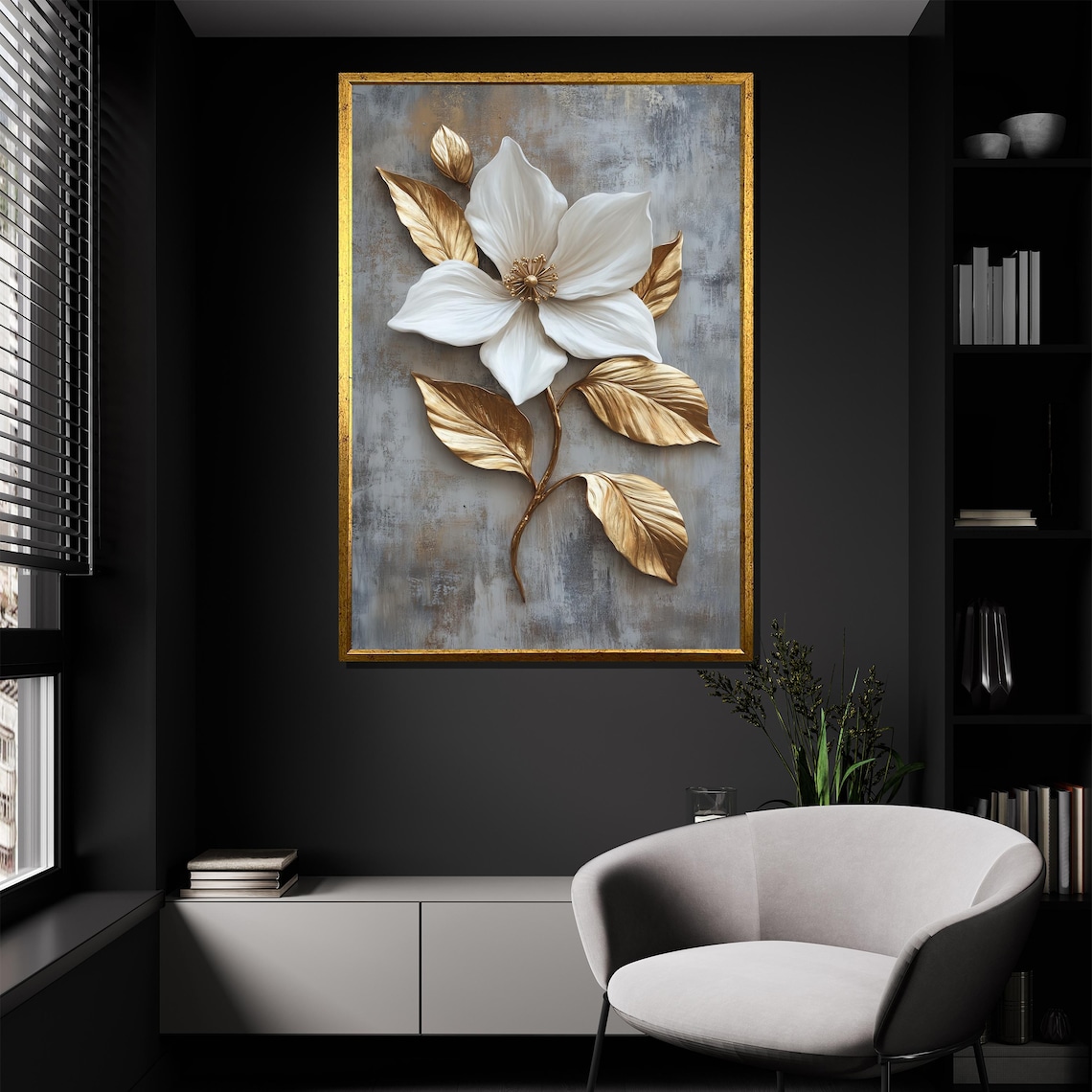 White and Gold Flower Canvas Painting - Elegant Wall Art for Living ...