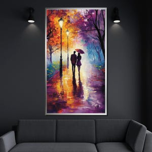 Romantic Stroll in Rain Canvas Painting, Colorful Couple Wall Art, Love Inspired Decor, Perfect Gift for Anniversary image 4