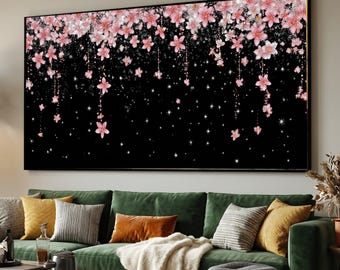 Sparkling Pink Cherry Blossoms, Night Sky Canvas, Floral Wall Art, Glamorous Spring Decor, Elegant Home Decoration Canvas