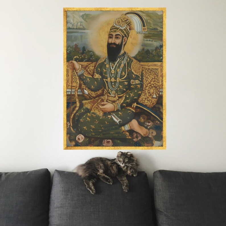 Regal Sikh Warrior Portrait Canvas, Traditional Indian Royalty Art, Historical Wall Decor, Intricate Costume Painting, Cultural Heritage Gold Frame