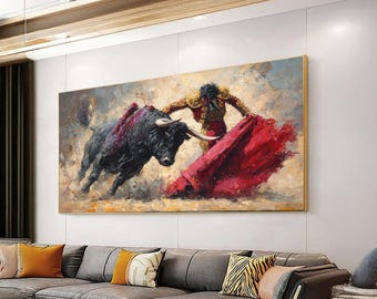 Dynamic Bullfighting Scene Canvas, Matador and Bull Artwork, Spanish Tradition Wall Art, Vibrant Red and Black Decorative Canvas, Ready to