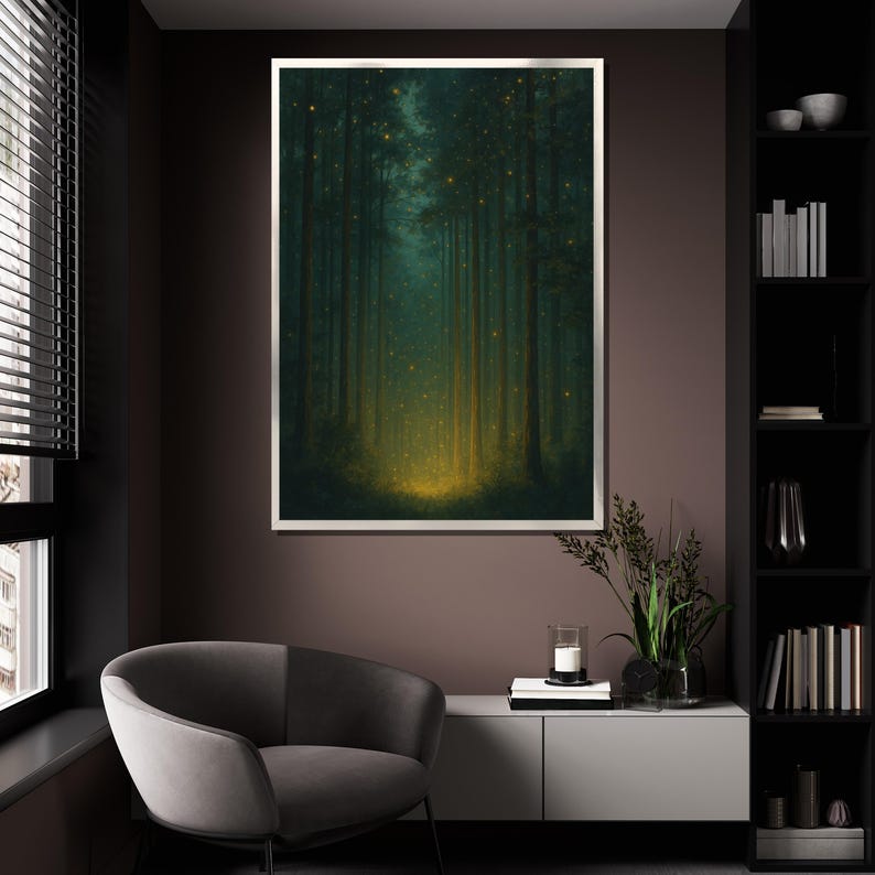 May include: A framed art print depicting a forest scene with tall, slender trees. The artwork features a color palette of deep greens and yellows, with a light source illuminating the forest floor. The print is displayed in a modern living room setting.