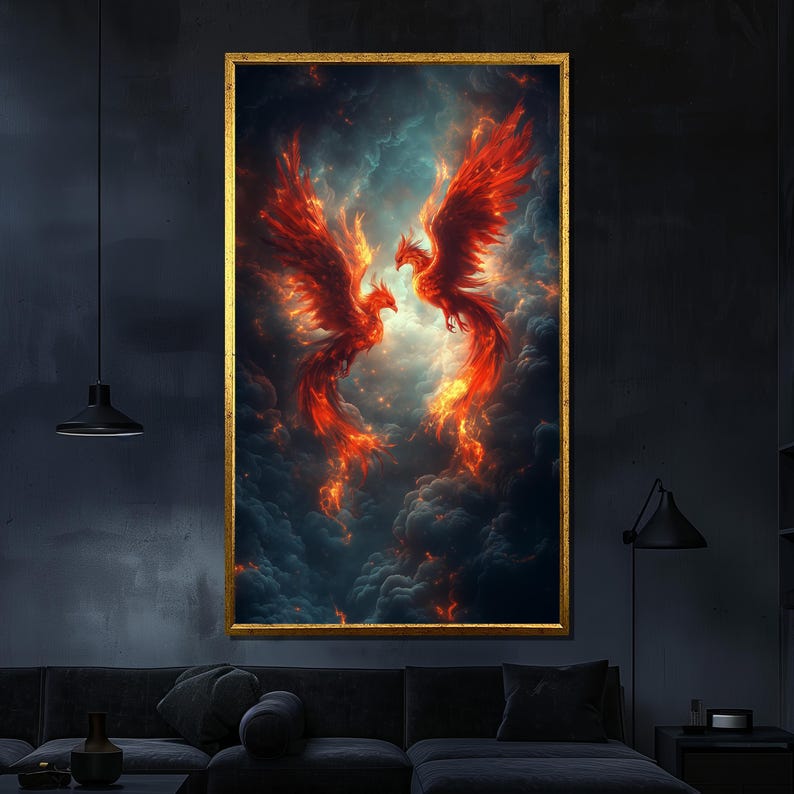 Fiery Phoenix Canvas Painting Mythical Wall Art Unique Gift for Home Modern Fantasy Decor image 1