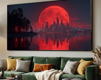 Futuristic Cityscape at Blood Moon Canvas, Night Skyline Wall Art, Red Full Moon Reflection, Modern Urban Landscape, Sci-Fi Home Decor