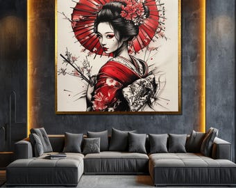 Geisha with Red Umbrella Canvas Painting, Elegant Japanese Wall Art, Asian-Inspired Gift for Home Decor