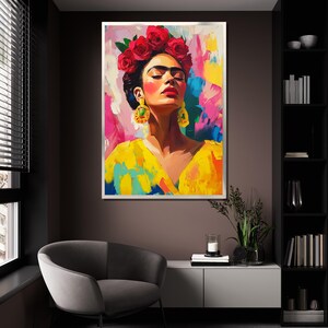 Pintura en lienzo de Frida Kahlo, arte de pared colorido, retrato de ícono mexicano, decoración de pared grande, regalo único para amantes del arte imagen 4