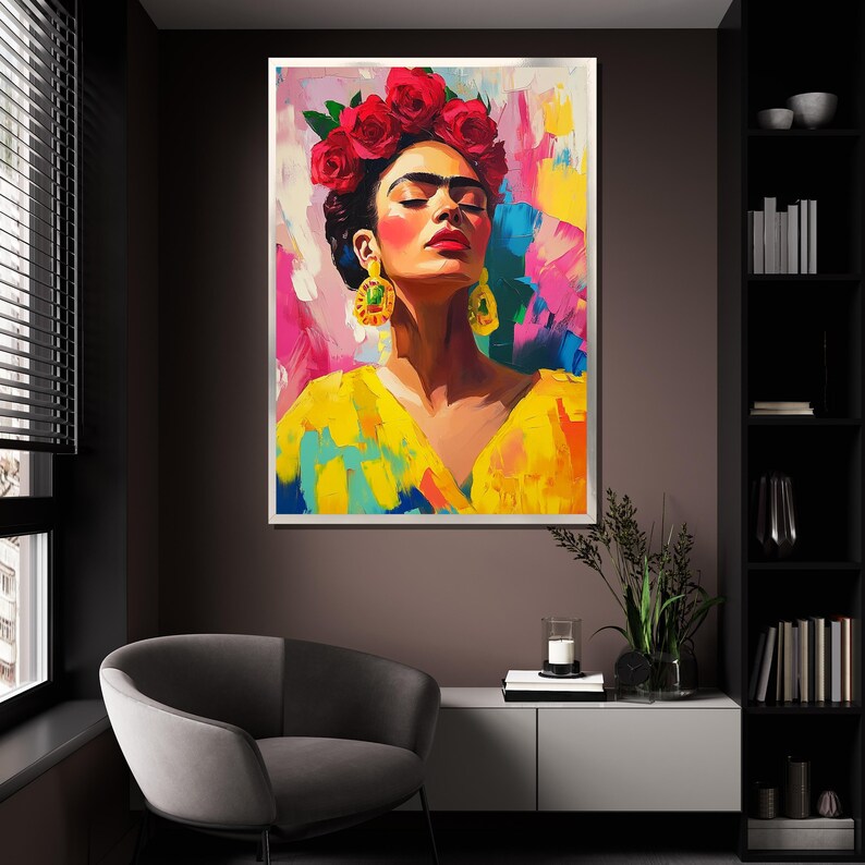 Pintura en lienzo de Frida Kahlo, arte de pared colorido, retrato de ícono mexicano, decoración de pared grande, regalo único para amantes del arte imagen 4