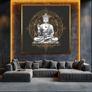 Geometric Buddha Canvas Painting Modern Spiritual Wall Art with Golden Accents for Meditation Room Decor