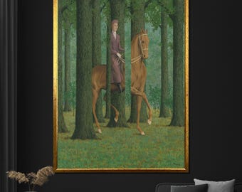May include: A framed art print of a surrealist painting. A person in a purple coat rides a brown horse through a forest. The horse and rider are bisected by the tree trunks. The painting has a gold frame and is displayed on a black wall.