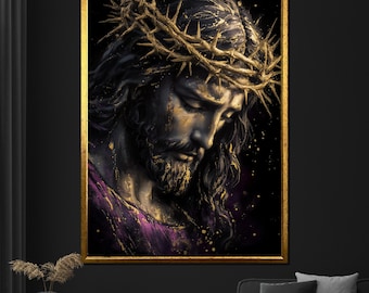 Jesus Crown of Thorns Canvas Painting – Spiritual Christian Wall Art, Emotional Religious Decor for Living Room, Meaningful Gift Idea