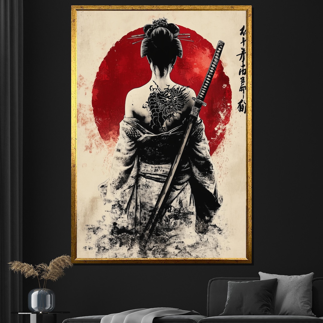 Samurai Woman Canvas Painting Japanese Ink Art Red Sun Wall Decor ...