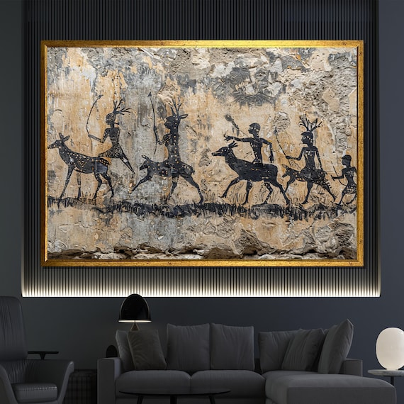 Cave Painting Canvas Art Gift, Ancient Hunting Scene Wall Decor, Primitive Rock Art Home Decoration, Prehistoric Style Print