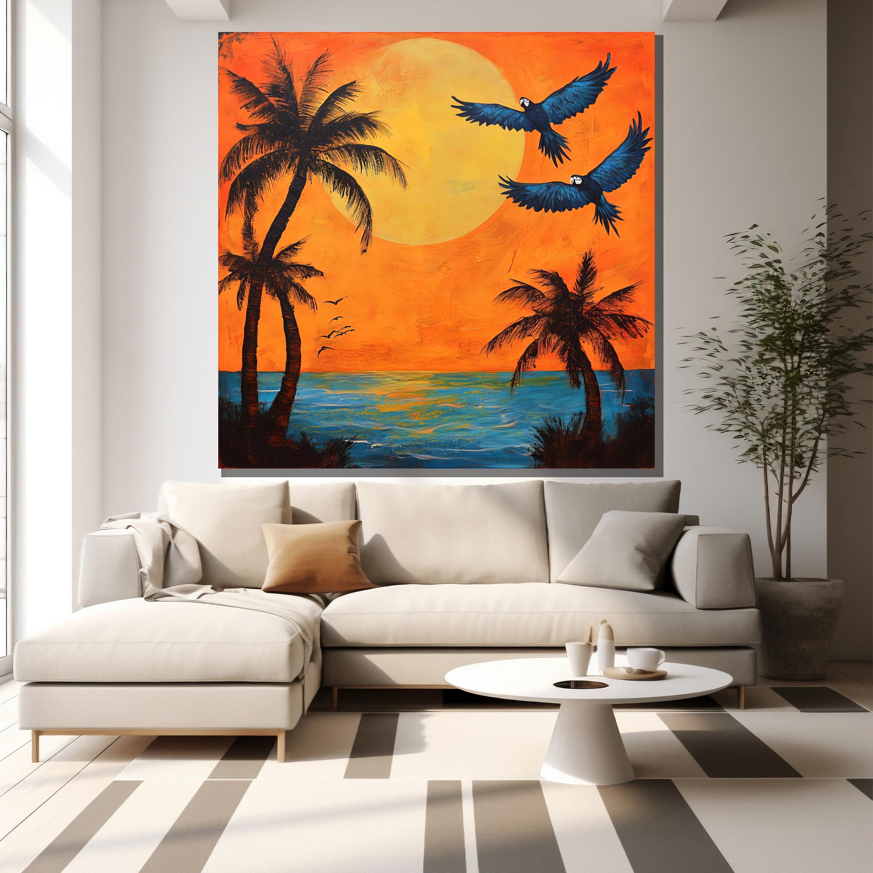 Tropical Sunset Canvas Painting Palm Tree and Parrot Wall Art Vibrant ...
