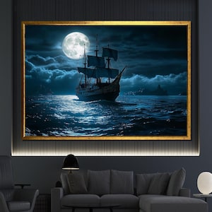 Moonlit Pirate Ship Canvas Painting, Night Ocean Wall Art, Nautical Adventure Decor, Perfect Gift for Sea Lovers