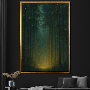 May include: A framed art print depicting a mystical forest scene. Tall, slender trees dominate the composition, with a soft, golden light illuminating the forest floor. The artwork features a dark green and teal color palette, with small, glowing orbs scattered throughout.