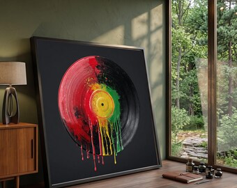 Abstract Dripping Vinyl Record Canvas, Colorful Music Art, Modern Wall Decoration, Red Yellow Green Paint Splash, Unique Home Accent