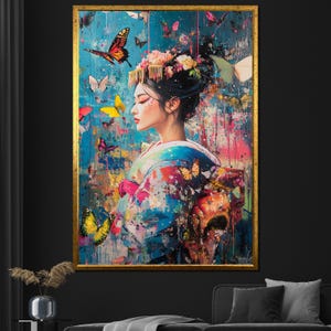 Butterfly Geisha Canvas Painting, Vibrant Japanese Wall Art, Colorful Asian-Inspired Gift for Home Decor