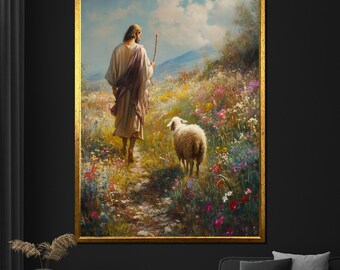 Jesus and the Lost Sheep Canvas Painting, Religious Wall Art, Christian Home Decor, Spiritual Artwork, Faith-Inspired Gift