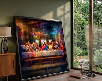 Modern Graffiti Last Supper Canvas, Vibrant Religious Wall Art, Mixed Media Church Decor, Colorful Christian Canvas Print, Home Spiritual