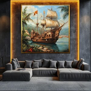 Vintage Sailing Ship Canvas Painting - Nautical Wall Art with Coastal Scenery for Living Room Decor, Maritime Gift