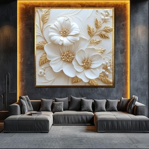 Luxury White and Gold Floral Canvas Painting - Elegant Textured Wall Art for Living Room Decor - Unique Gift for Art Lovers