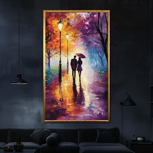 Romantic Stroll in Rain Canvas Painting, Colorful Couple Wall Art, Love Inspired Decor, Perfect Gift for Anniversary