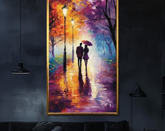 Romantic Stroll in Rain Canvas Painting, Colorful Couple Wall Art, Love Inspired Decor, Perfect Gift for Anniversary