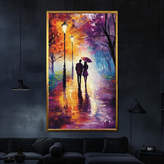 Romantic Stroll in Rain Canvas Painting, Colorful Couple Wall Art, Love Inspired Decor, Perfect Gift for Anniversary