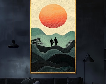 Minimalist Sunset Couple Canvas Painting, Modern Abstract Landscape Wall Art, Love Inspired Decor, Perfect Gift for Anniversary