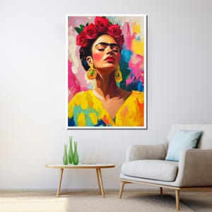 Pintura en lienzo de Frida Kahlo, arte de pared colorido, retrato de ícono mexicano, decoración de pared grande, regalo único para amantes del arte imagen 5