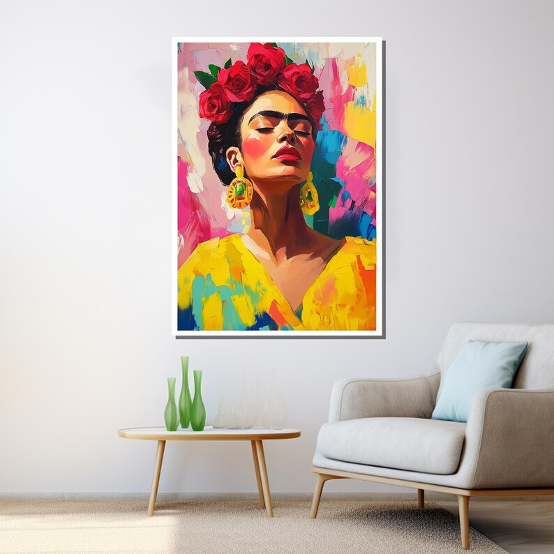 Pintura en lienzo de Frida Kahlo, arte de pared colorido, retrato de ícono mexicano, decoración de pared grande, regalo único para amantes del arte imagen 5